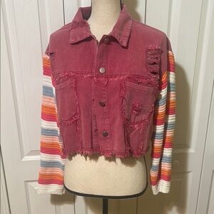 Blueb. Red Distressed Jacket with Striped Sleeves